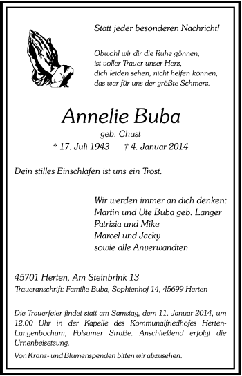 Traueranzeige von Annelie Buba von Medienhaus Bauer